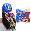 A square headscarf featuring a pattern of the Puerto Rico flag colors and design