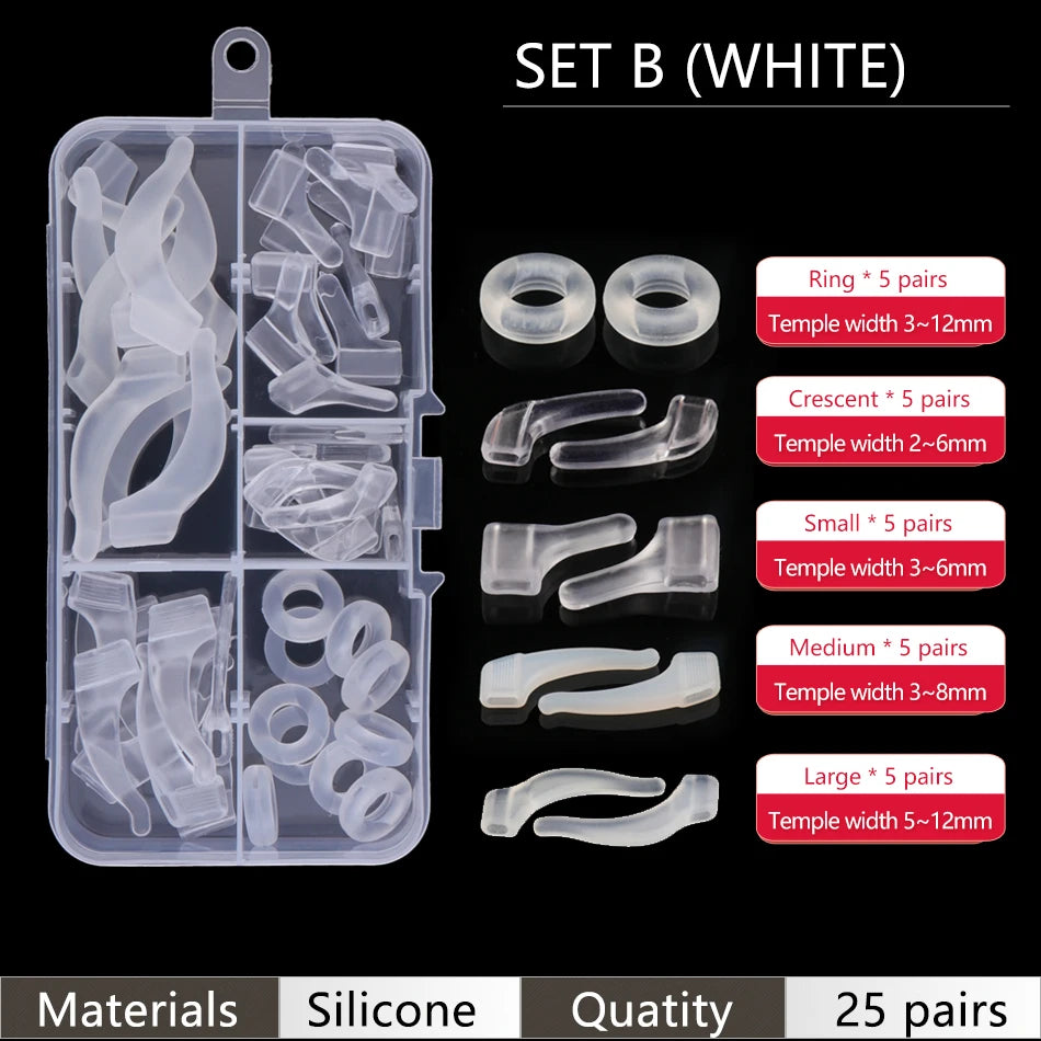 Set B white silicone ear grip hooks for glasses and sunglasses including various sizes