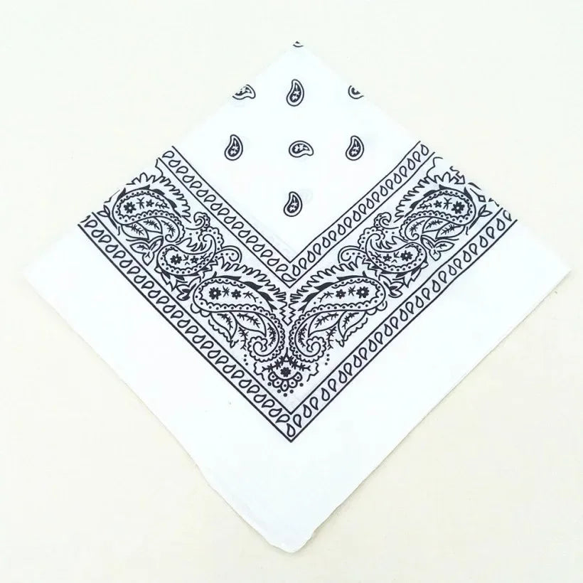 White cotton bandana scarf with black paisley and floral embroidery pattern