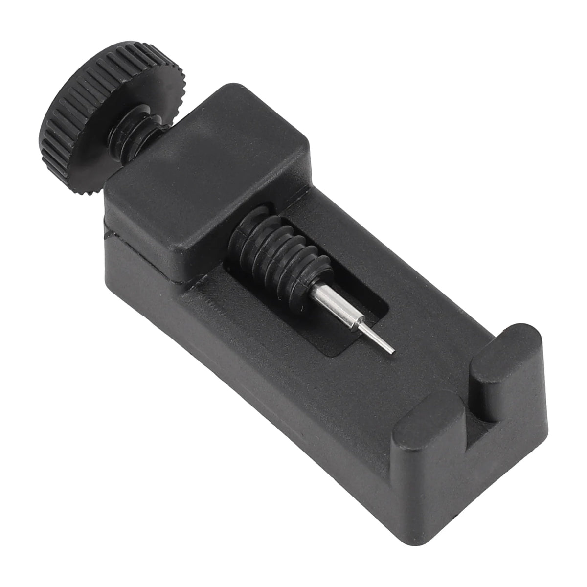 A black precision watch band link pin remover tool with a threaded end and a grip for removal.
