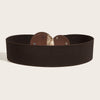 A dark brown elastic waist belt with decorative leather accents and gold thread detail.