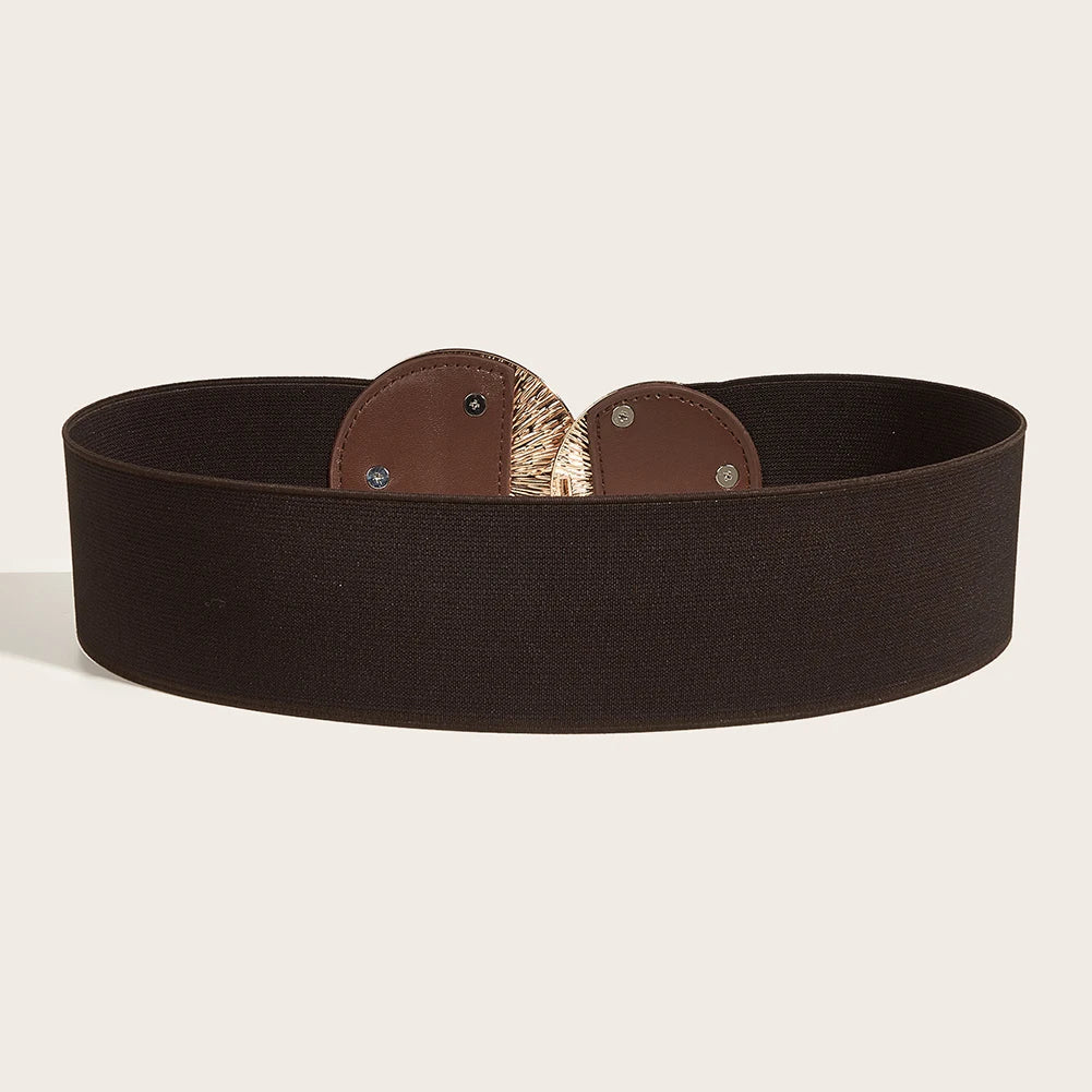 A dark brown elastic waist belt with decorative leather accents and gold thread detail.