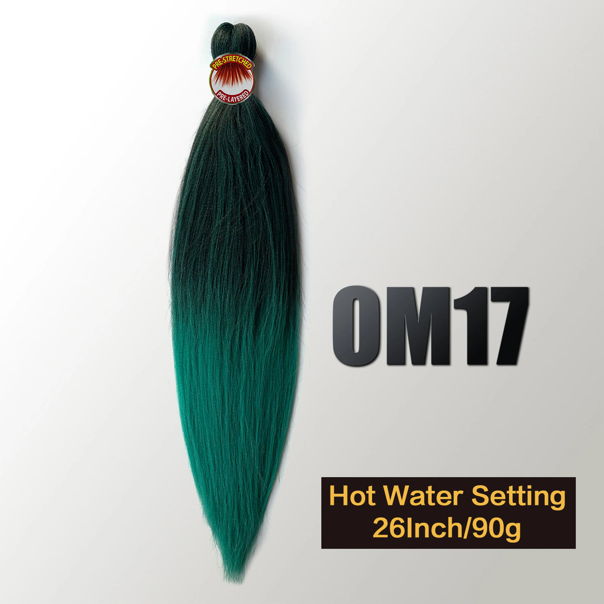 A dark green pre-stretched Kanekalon braiding hair extension with a logo tag and product details.