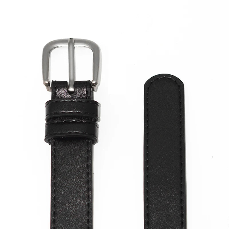 Black leather belt with a silver buckle and a black strap shown vertically.