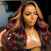 A model wearing an HD Ombre Honey Blonde Wavy Lace Front Wig with dark hair and red highlights.