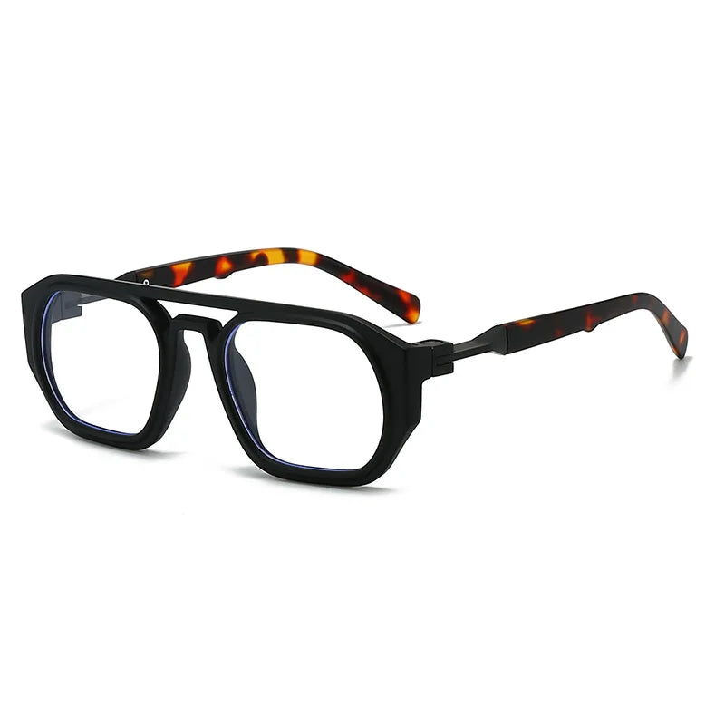 Un par de gafas de computadora cuadradas negras antirreflejo azul con detalles en marfil.