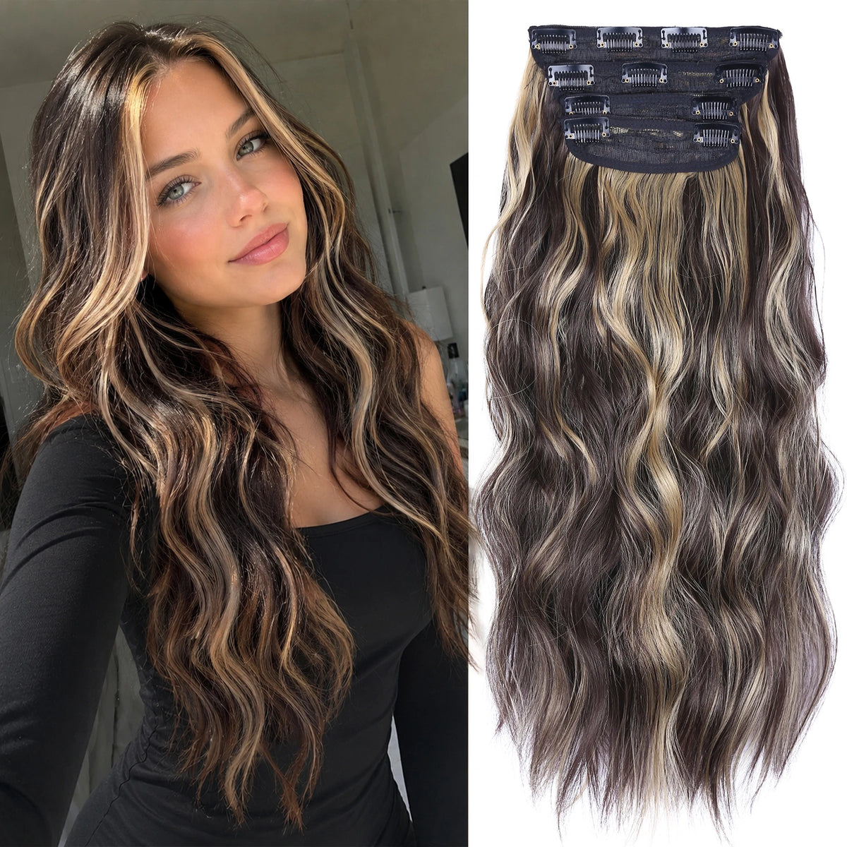 Long wavy brown and blonde ombre hair with clips