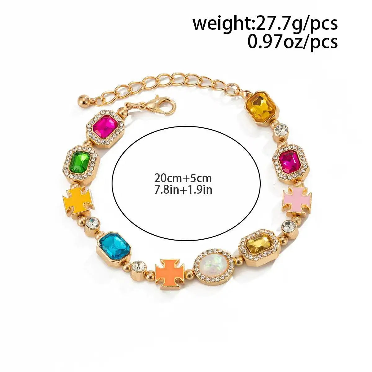 A multi-color enamel tennis chain necklace featuring various colored gemstone-like charms.