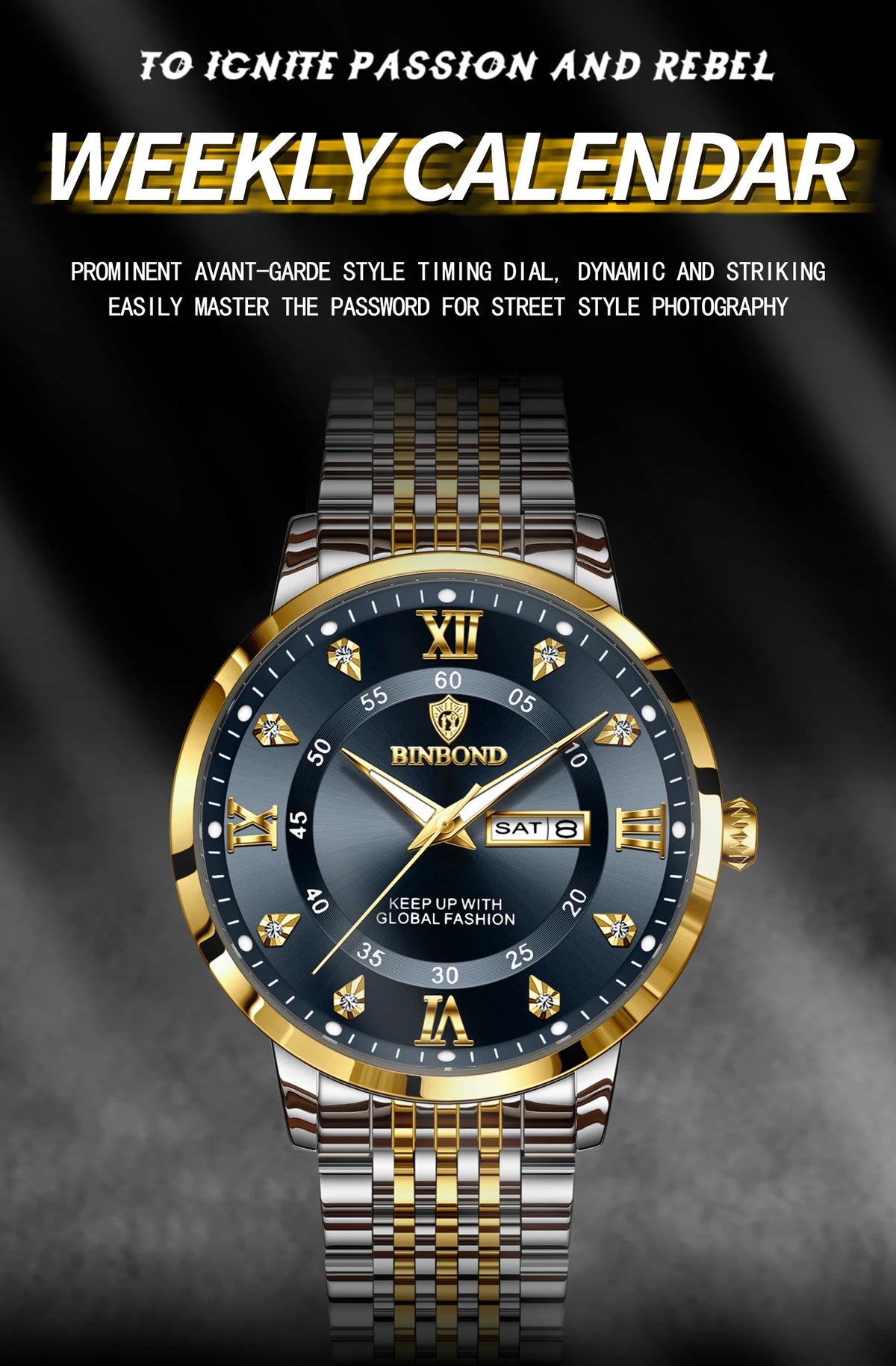 A close-up of a gold and silver watch with a black dial and Roman numerals, featuring a prominent timing dial.