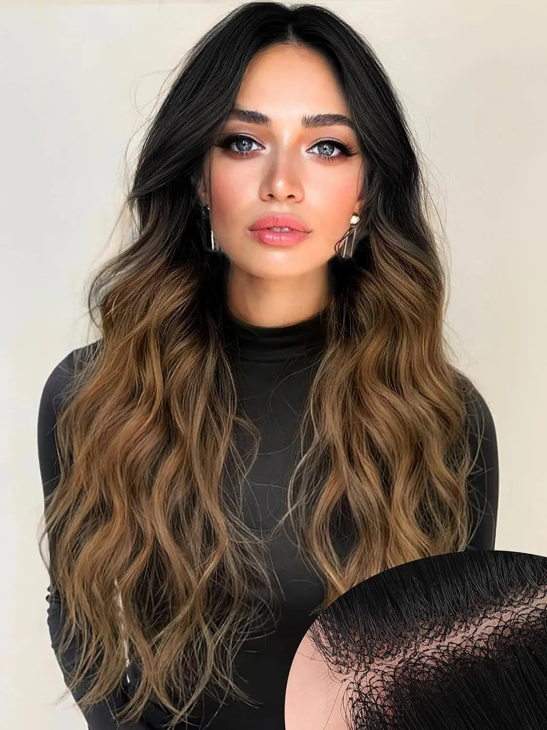 A woman with long wavy brown hair wearing a black turtleneck top.
