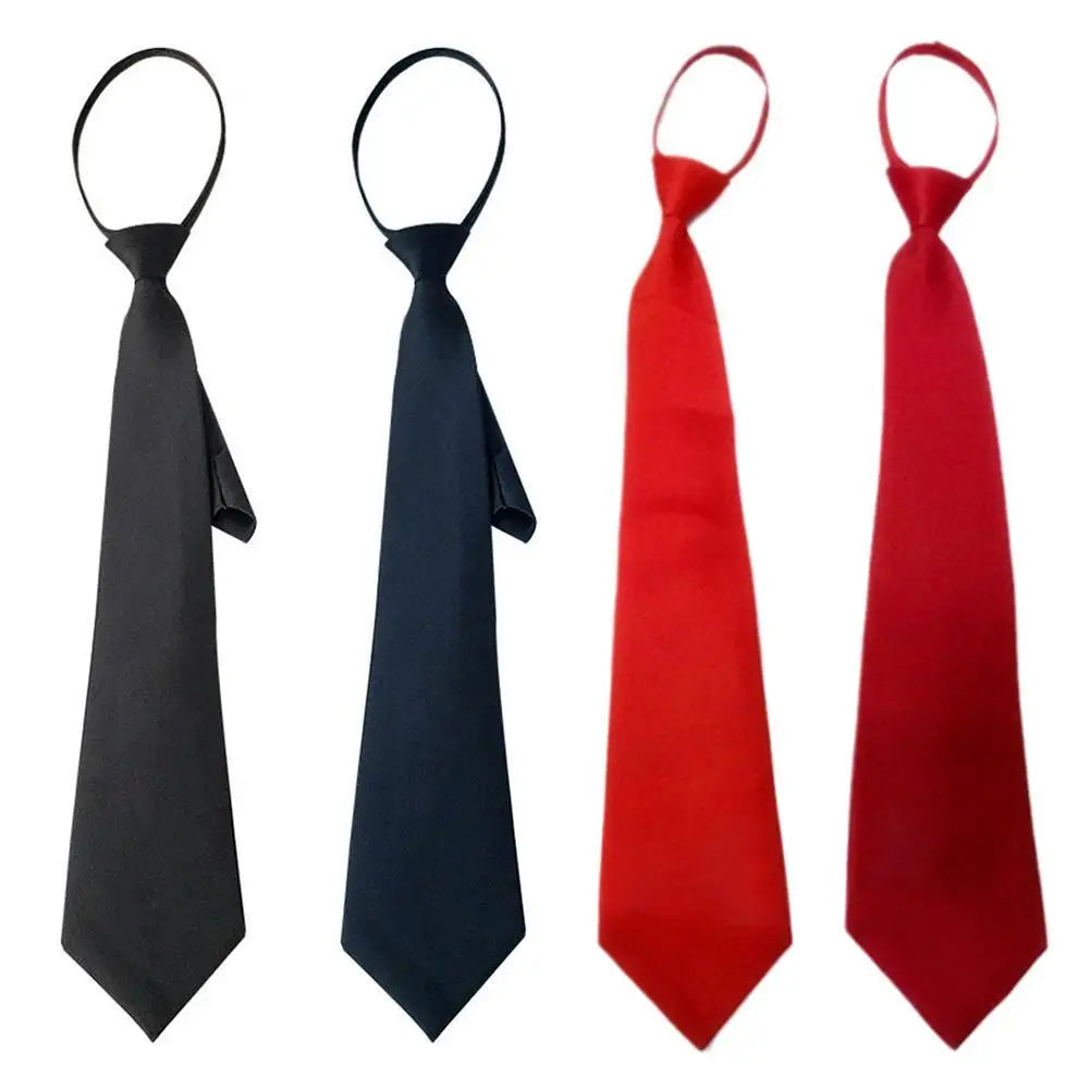 A set of four clip-on neckties in black and red colors for shirts and suits.