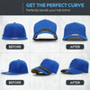 Before and after images showing a reusable hat brim bender product bending blue hat brims.
