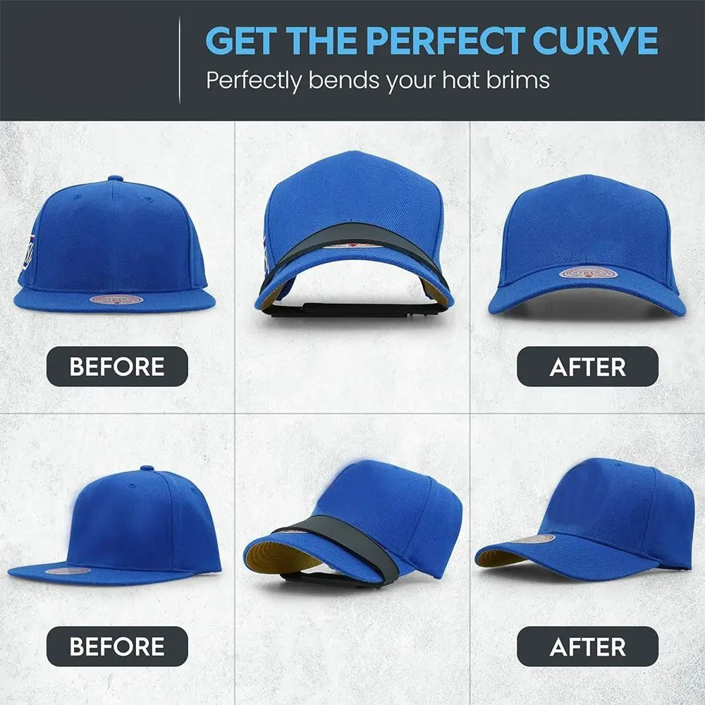 Before and after images showing a reusable hat brim bender product bending blue hat brims.