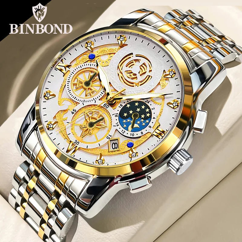 A close-up photo of a men's stainless steel quartz wristwatch with an ornate gold dial and silver bracelet.