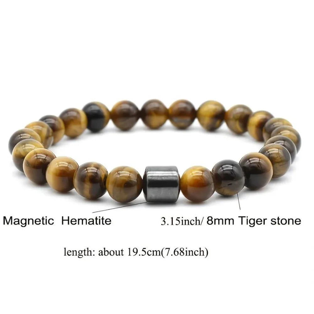 A bracelet made of magnetic hematite and tiger stone beads.
