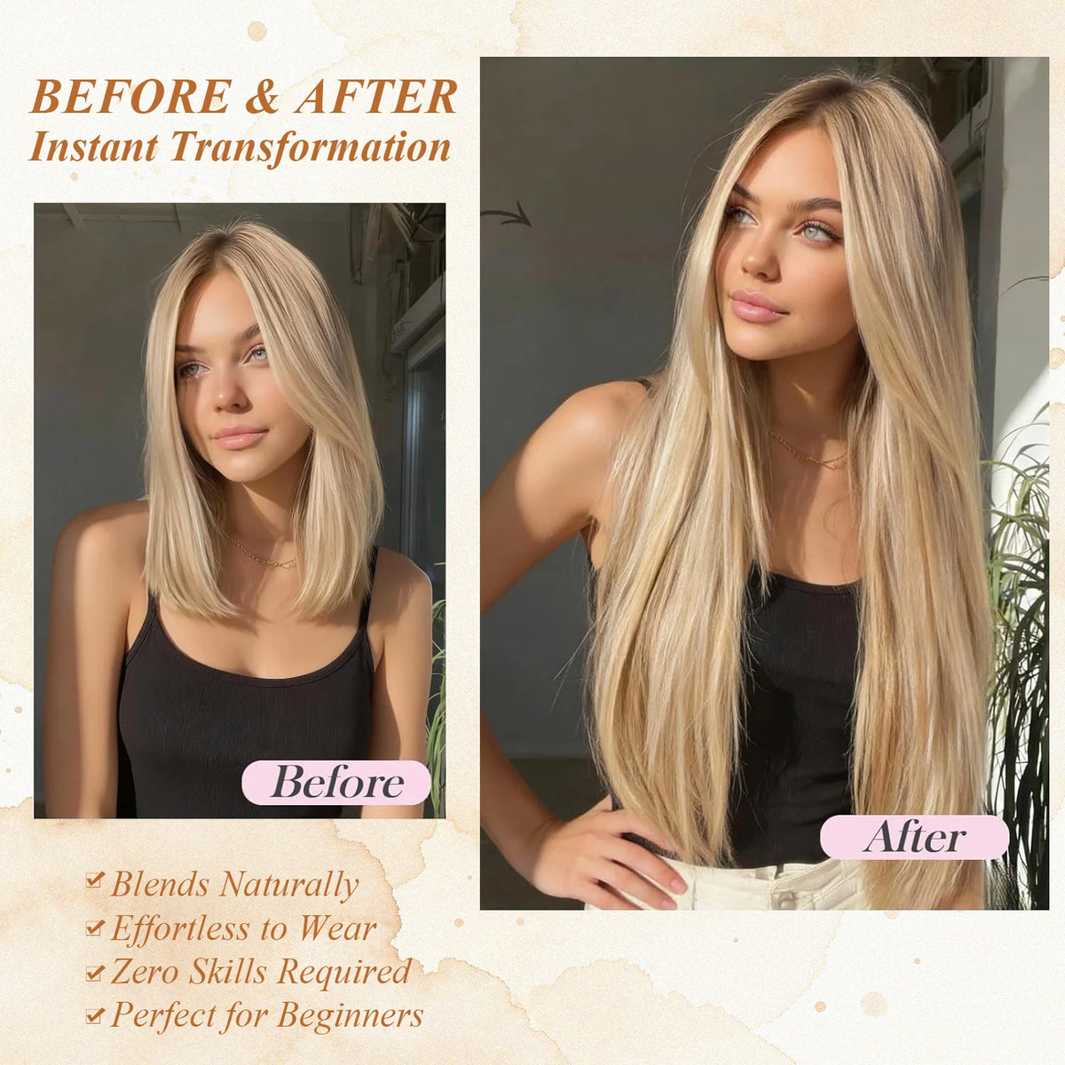 Before and after photo showing long blonde hair transformation using clip-in extensions