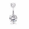 A surgical stainless steel belly button ring with a prong setting and a round gemstone.