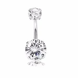 A surgical stainless steel belly button ring with a prong setting and a round gemstone.