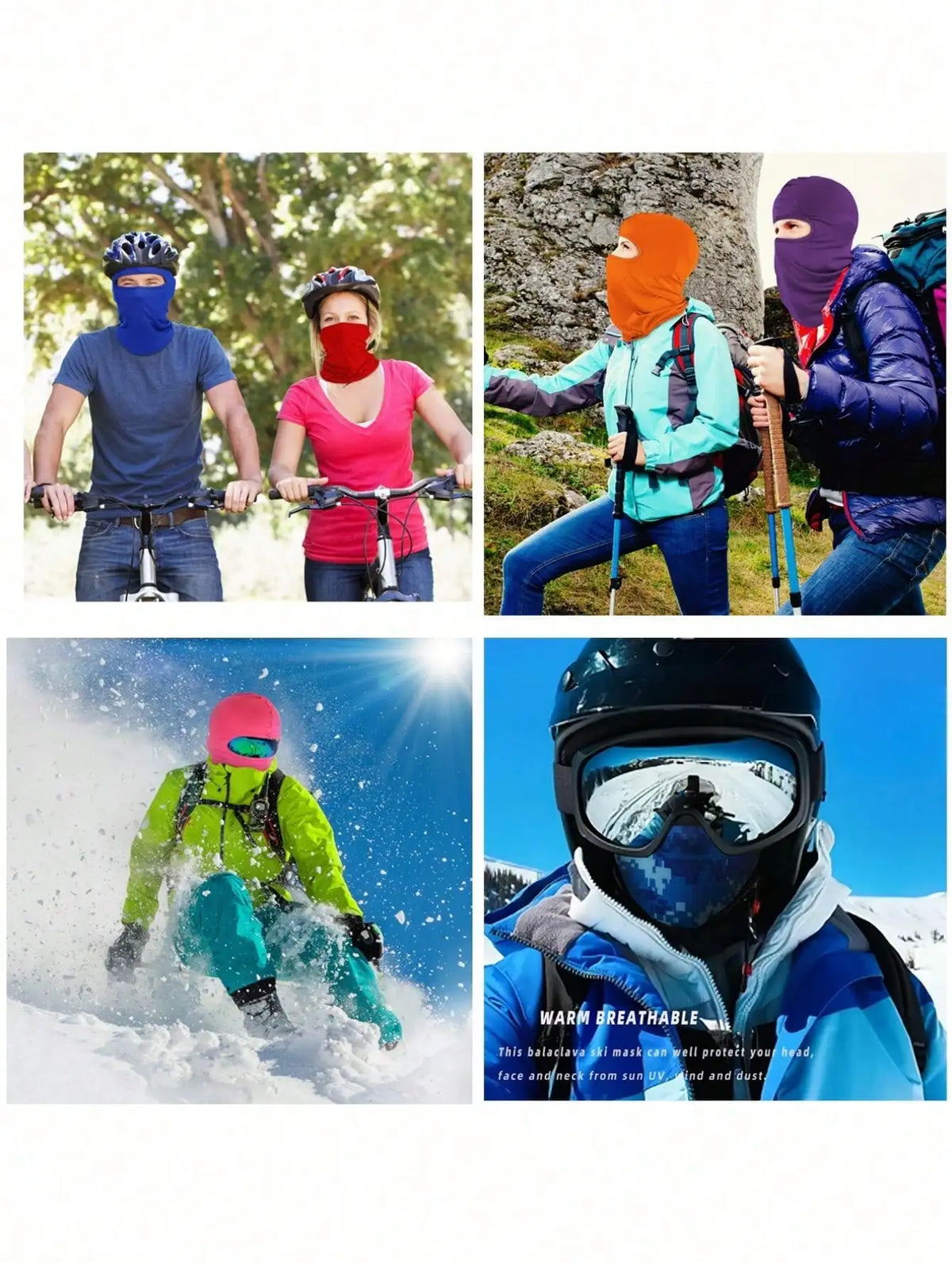 A collage showing people wearing colorful balaclava caps and face masks for outdoor activities and winter sports.