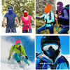 A collage showing people wearing colorful balaclava caps and face masks for outdoor activities and winter sports.