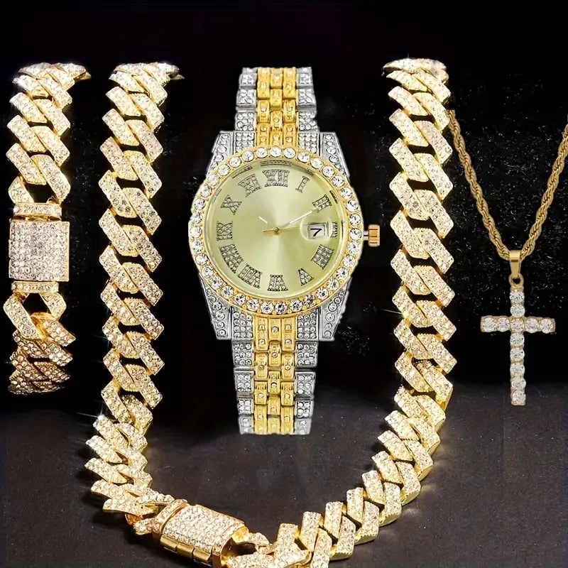 A gold-toned wristwatch and matching chain necklace set featuring diamond accents displayed against a dark background.