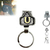 Silver and gold letter U design belt keychain with a round ring.