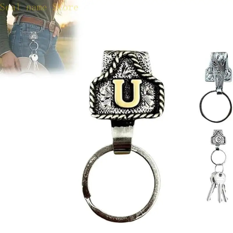Silver and gold letter U design belt keychain with a round ring.