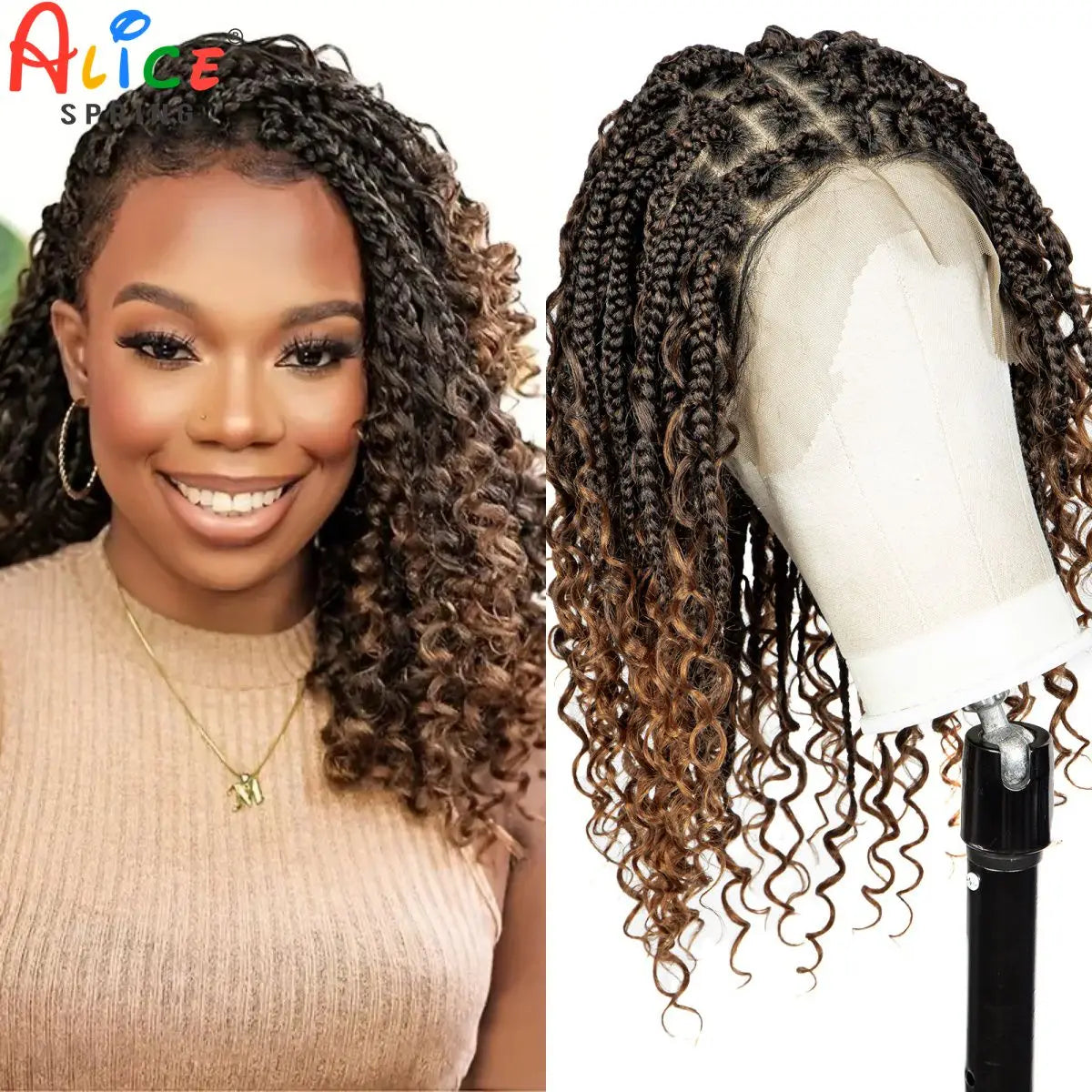 Close-up of a woman modeling a boho box braided wig with long curly hair and a display of the wig on a mannequin head