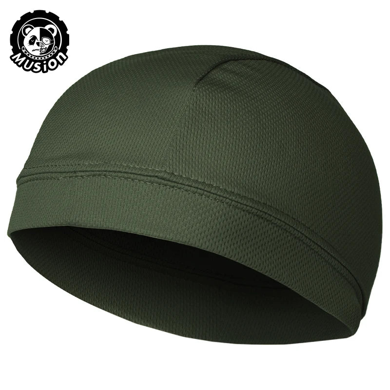 Dark olive green moisture-wicking cycling beanie cap shown from the side.