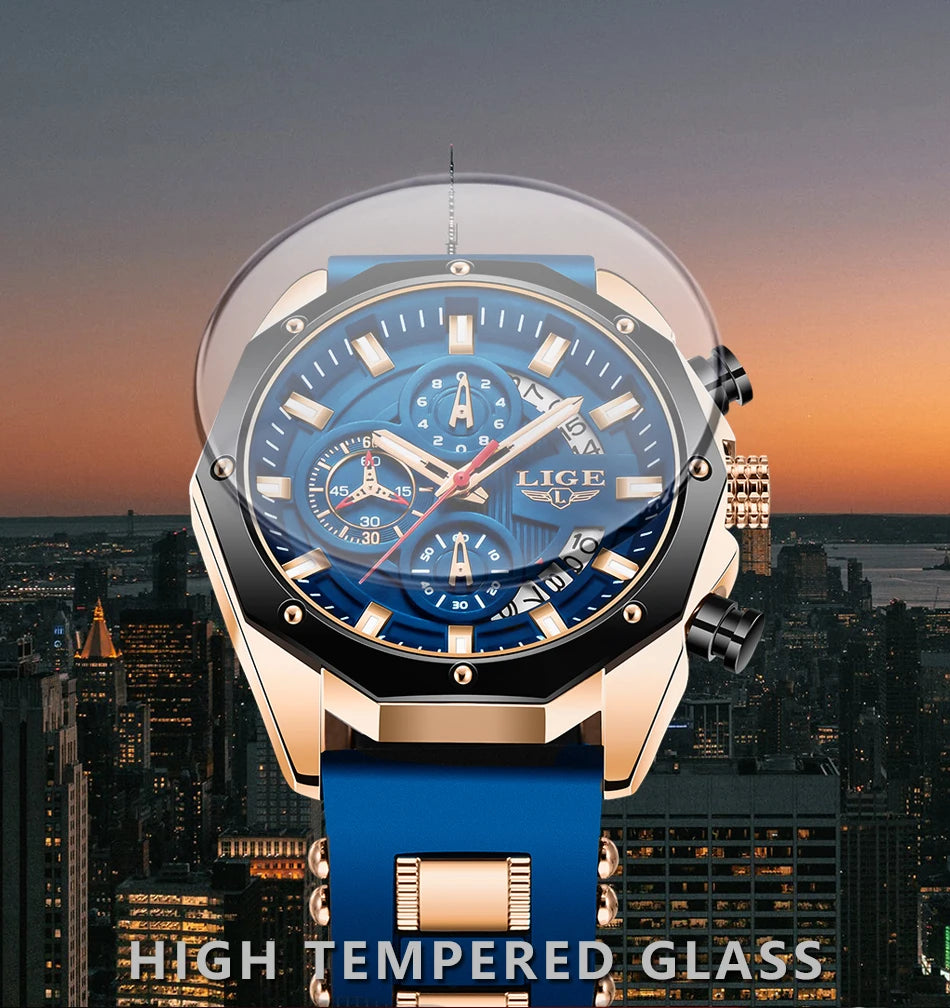 A close-up of a men's luxury quartz sport watch with a blue dial and gold accents, set against a cityscape background.