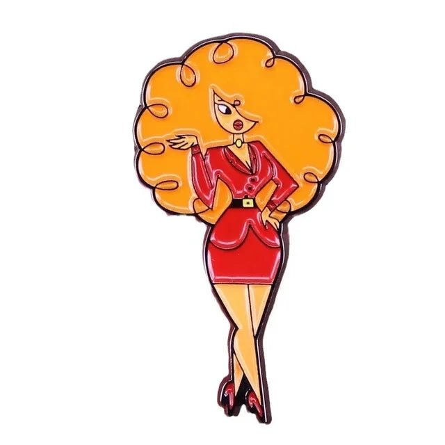 A lapel pin featuring a stylized cartoon woman with bright orange hair and a red dress.