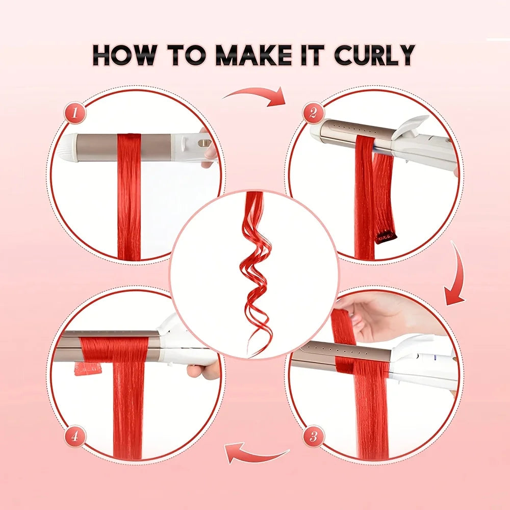 Instructions showing how to make curly hair using a hair straightener and extensions.