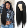 A woman modeling a long, straight black synthetic headband wig with a patterned top and jeans.