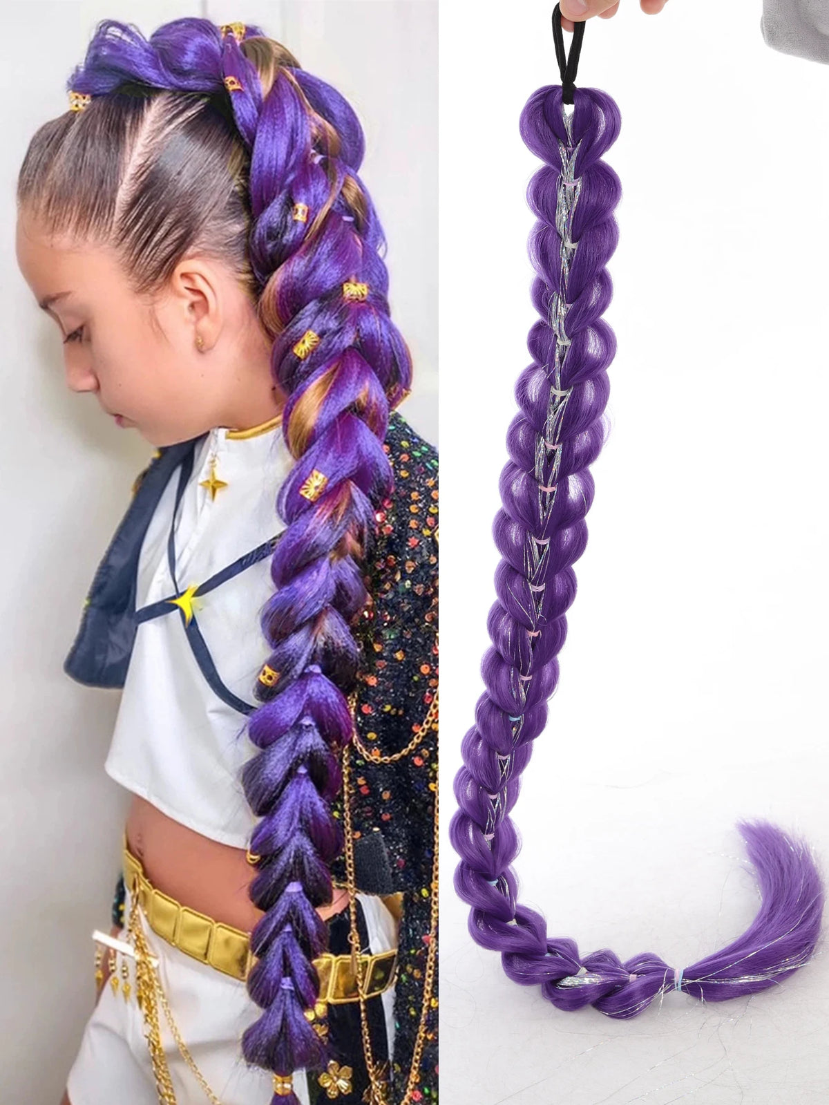 A close-up of a woman's hair styled in a purple braided ponytail with gold tinsel extensions.