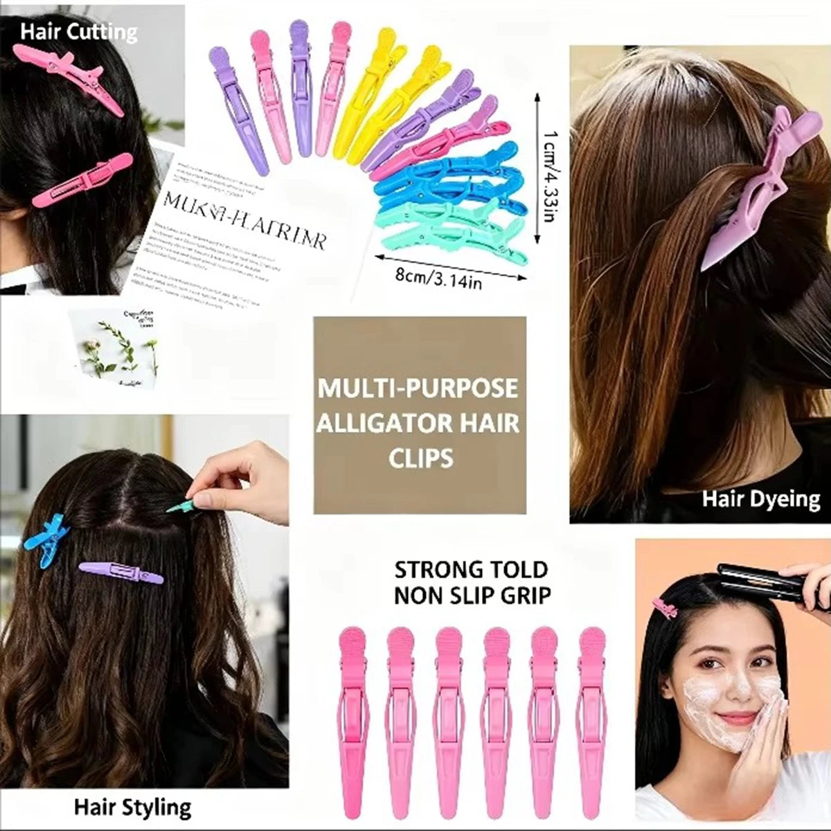 A set of multi-purpose alligator hair clips in various colors and sizes for professional hair styling and cutting.