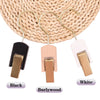 Three wooden wig and hair extension holders in black, burlywood, and white.