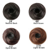 Four shades of synthetic hair bundles shown in buns: Natural Black, Black Brown, Dark Brown, and Light Brown.