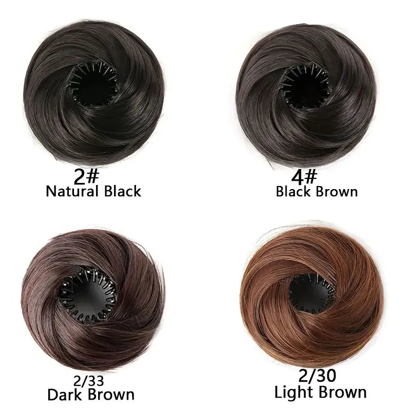 Four shades of synthetic hair bundles shown in buns: Natural Black, Black Brown, Dark Brown, and Light Brown.