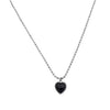 A delicate silver chain necklace featuring a black heart pendant set with small zircon stones.