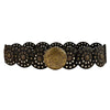 A set of vintage PU disc belts with metal buckles arranged in a row.