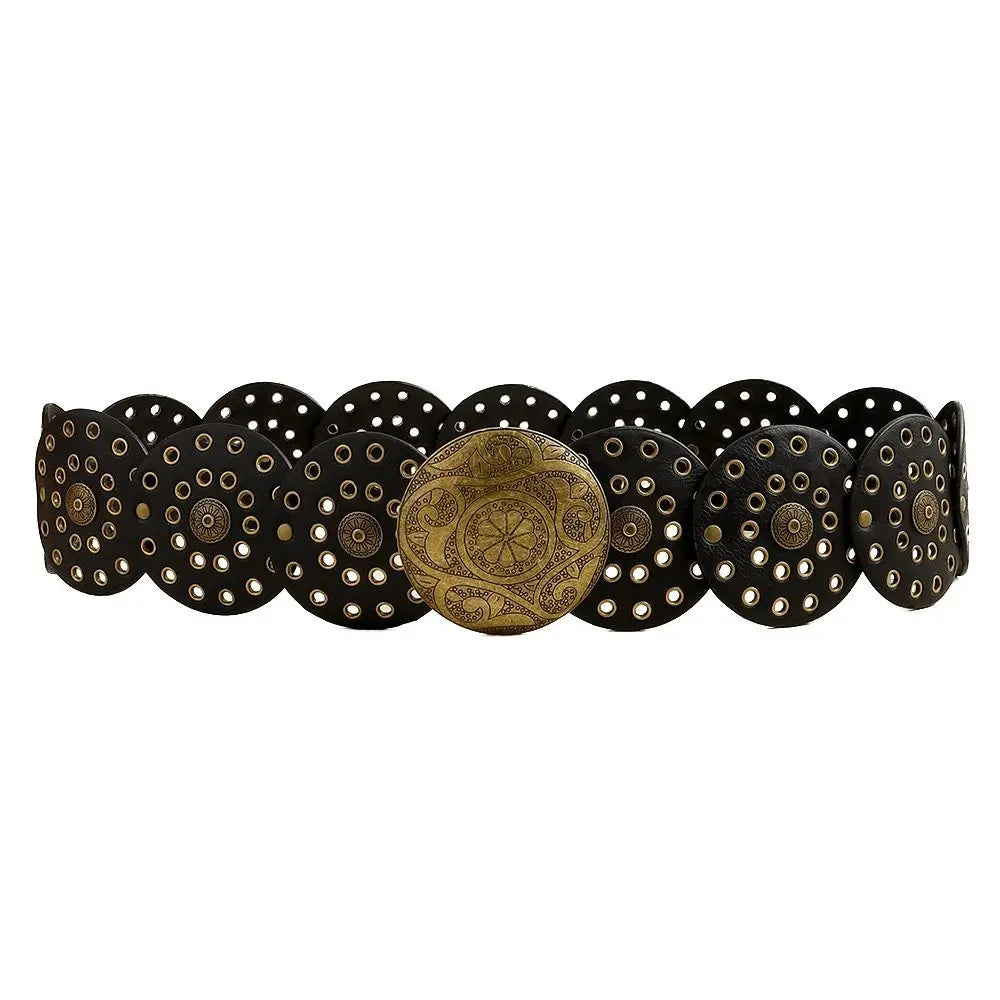 A set of vintage PU disc belts with metal buckles arranged in a row.