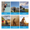 A collage showing various outdoor activities including climbing, hiking, camping, fishing, dustproof gear, and riding.