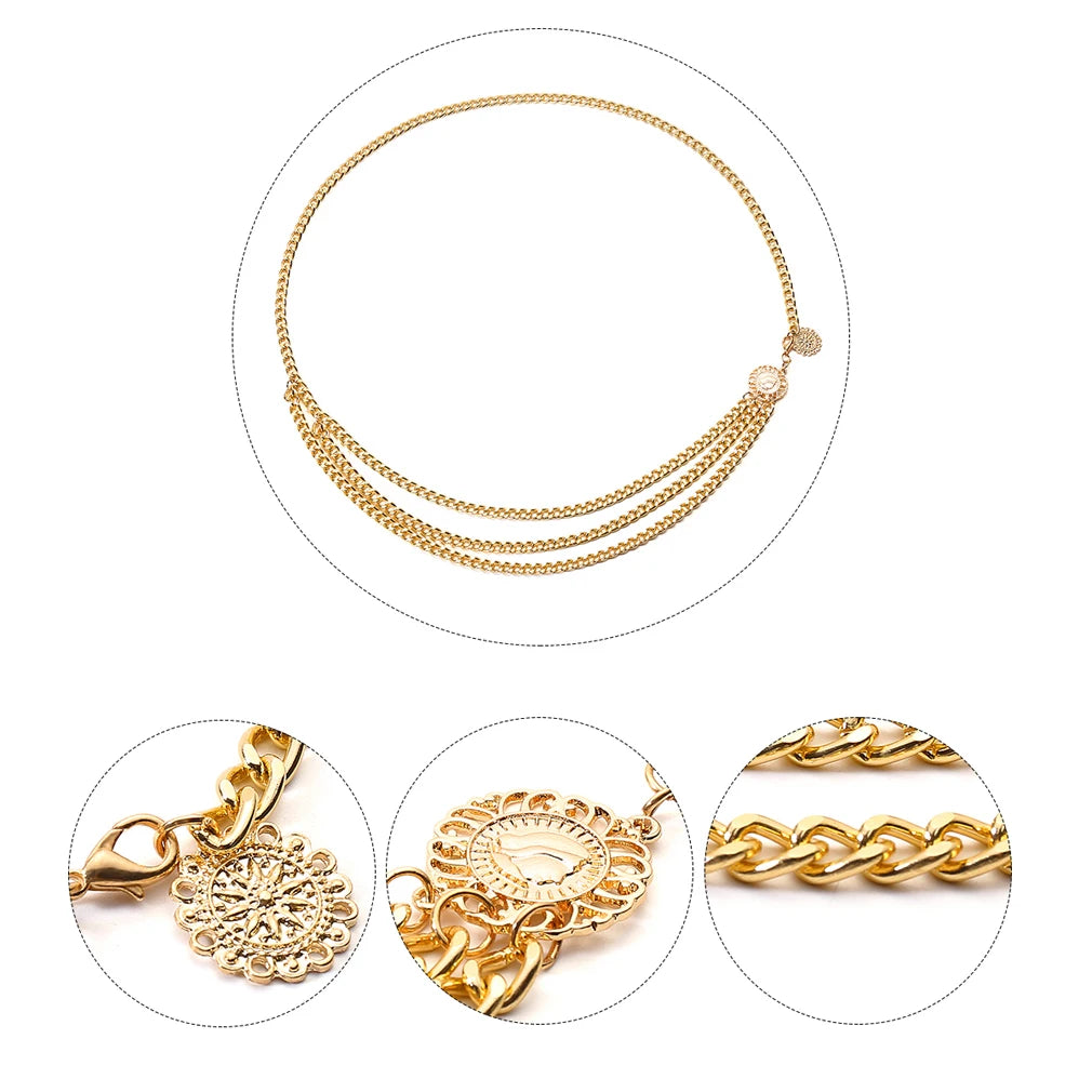 Gold chain necklace with a pendant and multiple strands shown in an oval outline.
