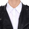 A close-up of a black leather jacket worn over a white collared shirt.