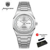 A silver stainless steel quartz watch with a metal bracelet and a black gift box.