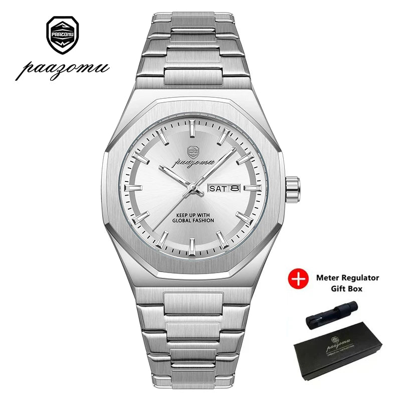 A silver stainless steel quartz watch with a metal bracelet and a black gift box.