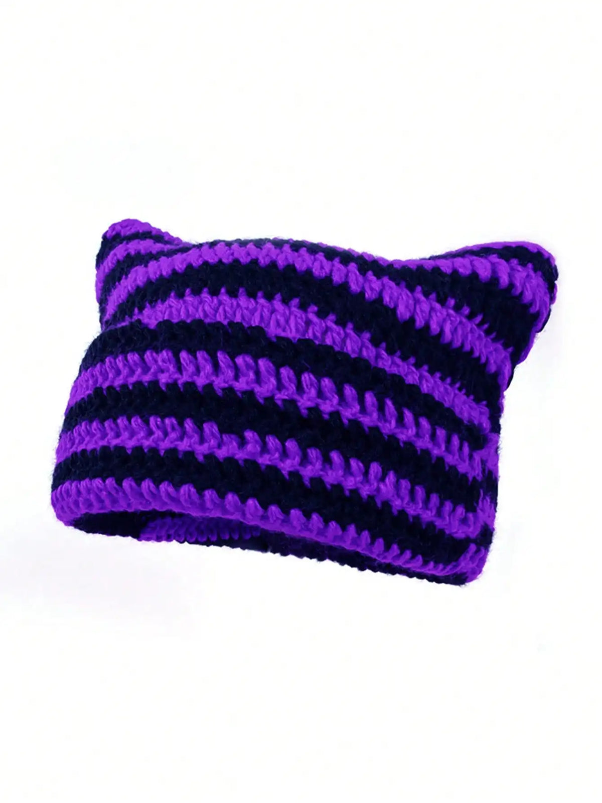 A knitted beanie hat featuring horizontal stripes of purple and black yarn.