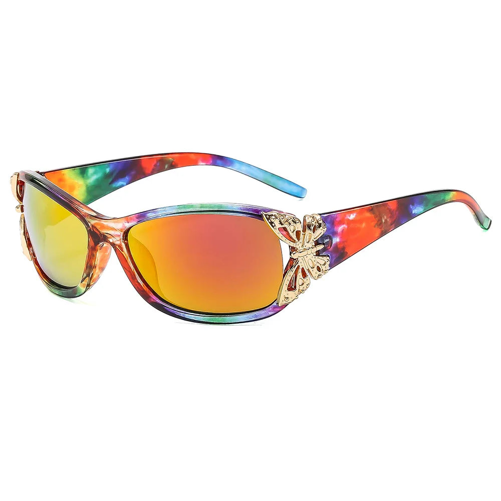 Wrap-around-Sonnenbrille mit mehrfarbigem Farbverlauf-Linsen und goldenem Schmetterlingsdetail