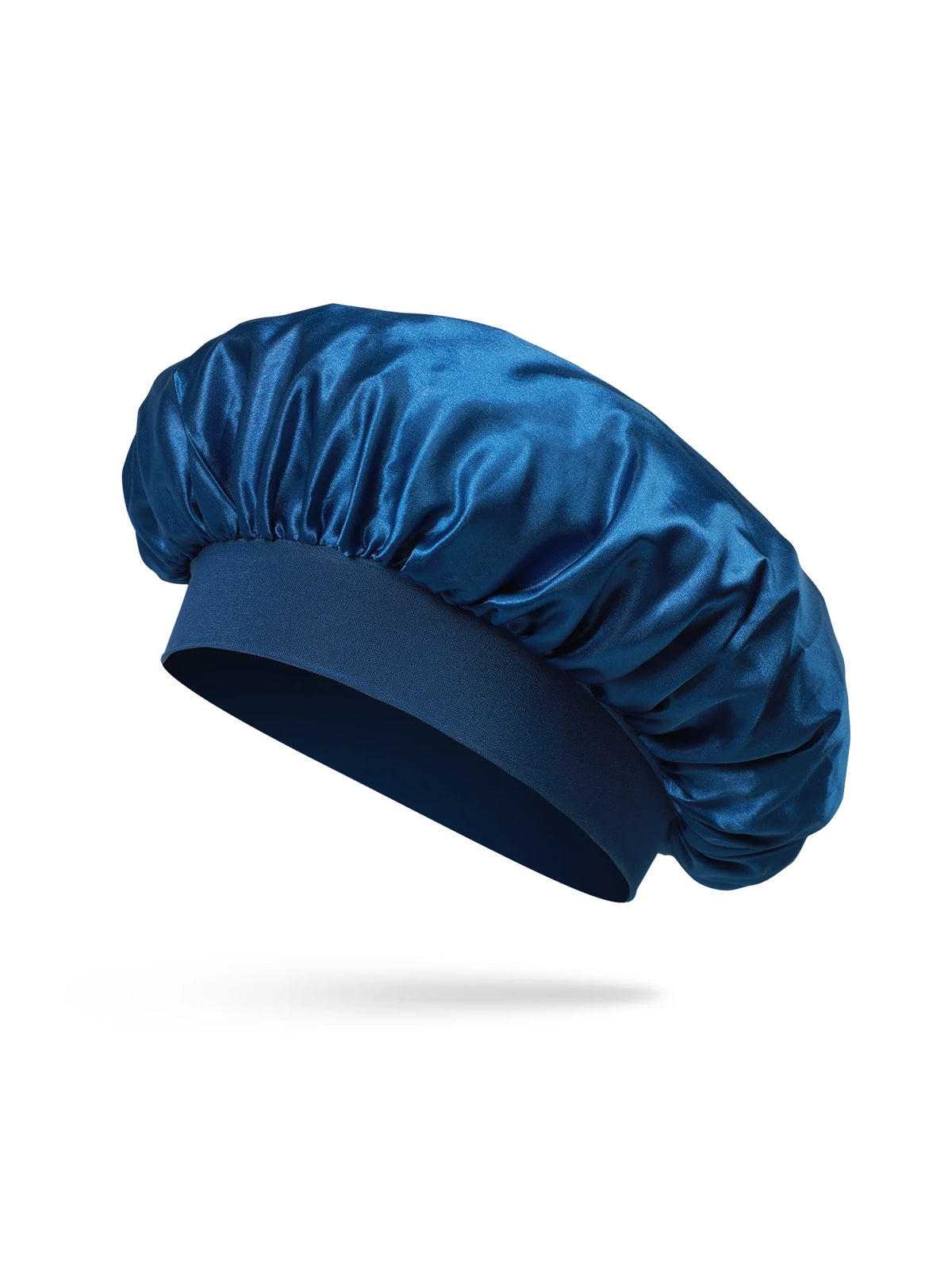 Bonnet pour cheveux en soie satinée bleu profond, vu de côté.