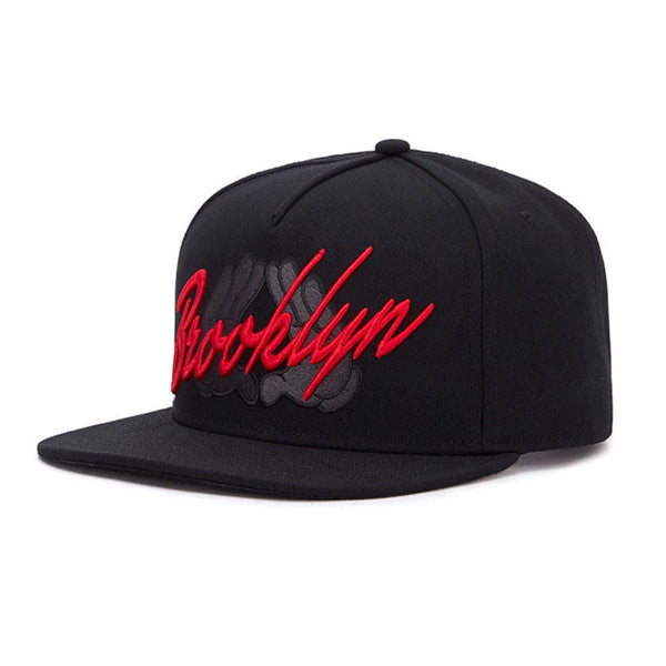 Black unisex adjustable snapback cap with red embroidered text